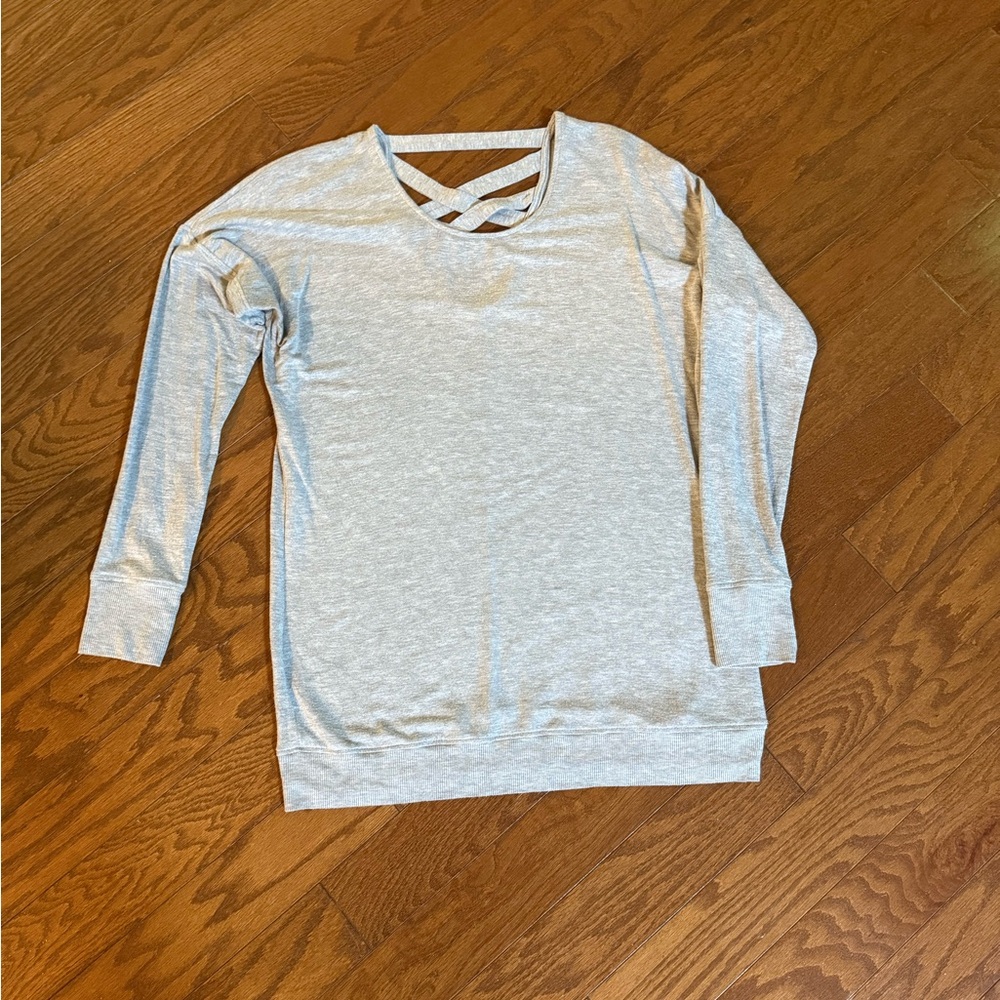 Gray Long Sleeve Top with Crisscross Neckline